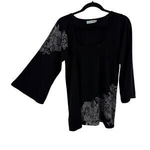 Unity World Sweater Knit Tunic size XL Black Gray Floral Rhinestone Pullover